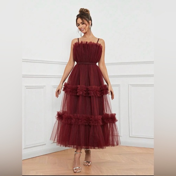 Elegant Burgundy Tulle ruffle dress NEW w/Tag - Picture 7 of 7